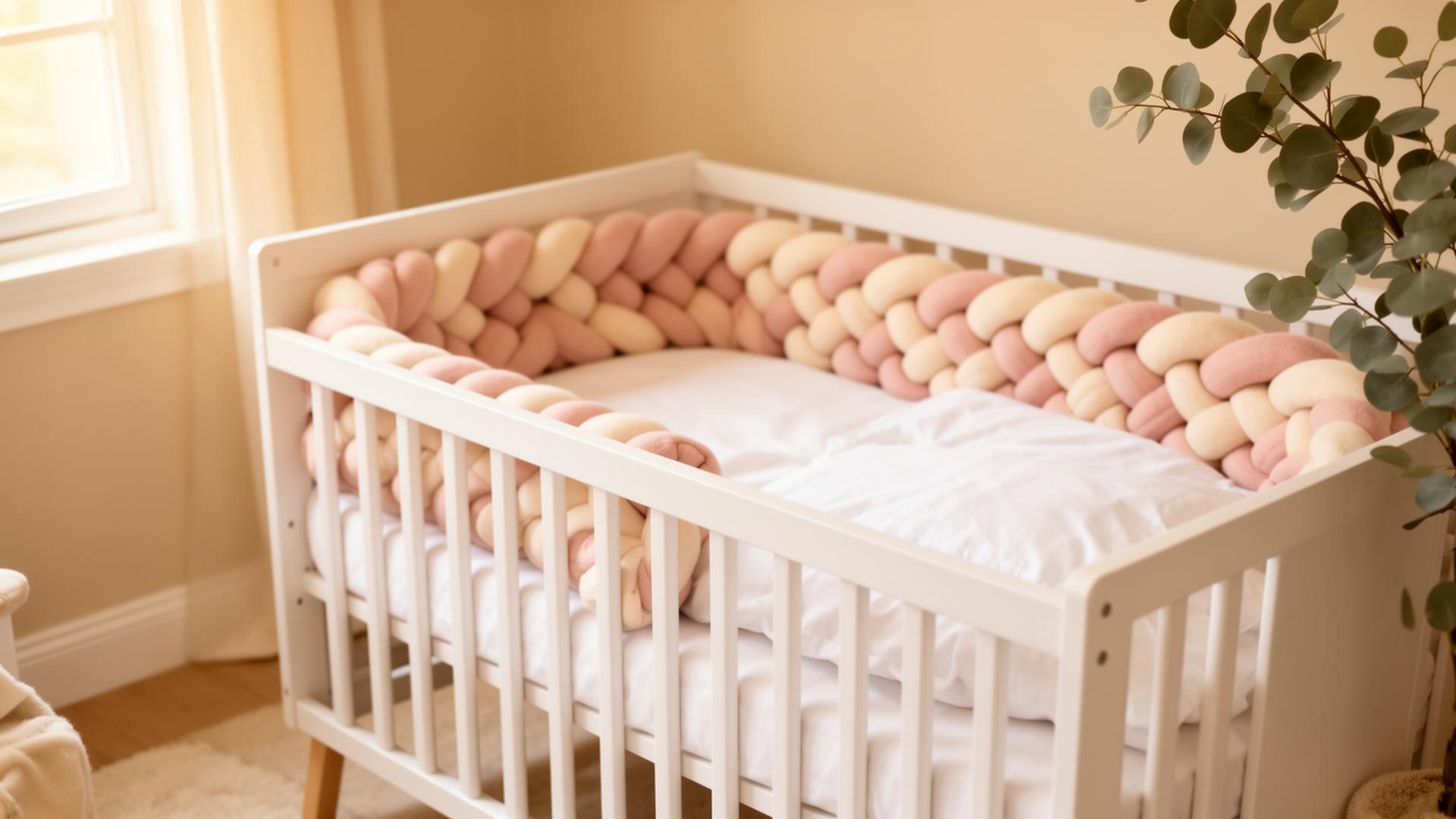 Cuna con protector trenzado en habitación de bebé