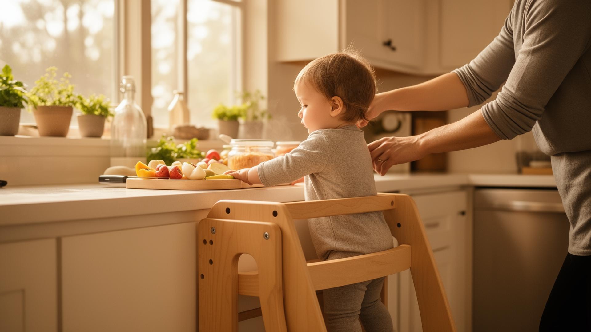Niño usando torre de aprendizaje Montessori en la cocina con sus padres